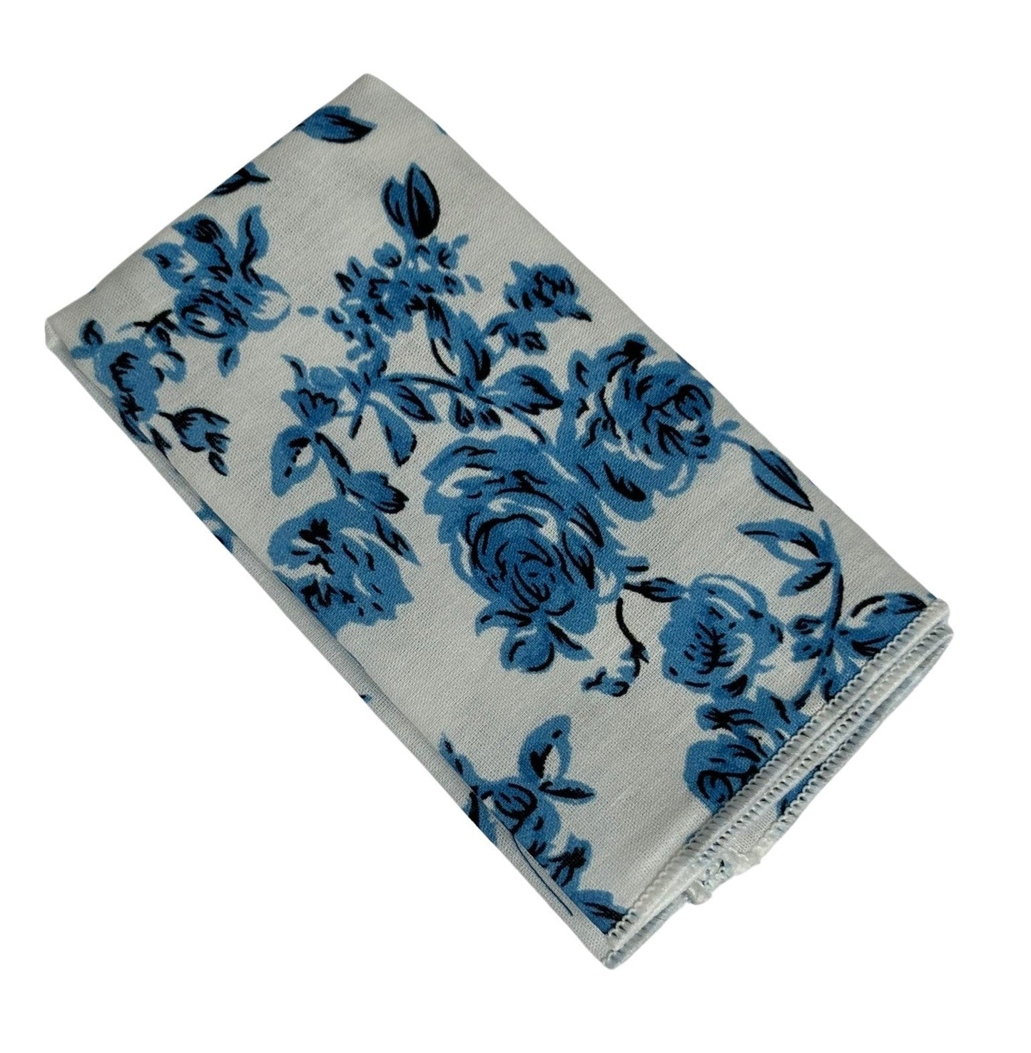 ivory cotton bow tie with blue rose design and matching pocket square