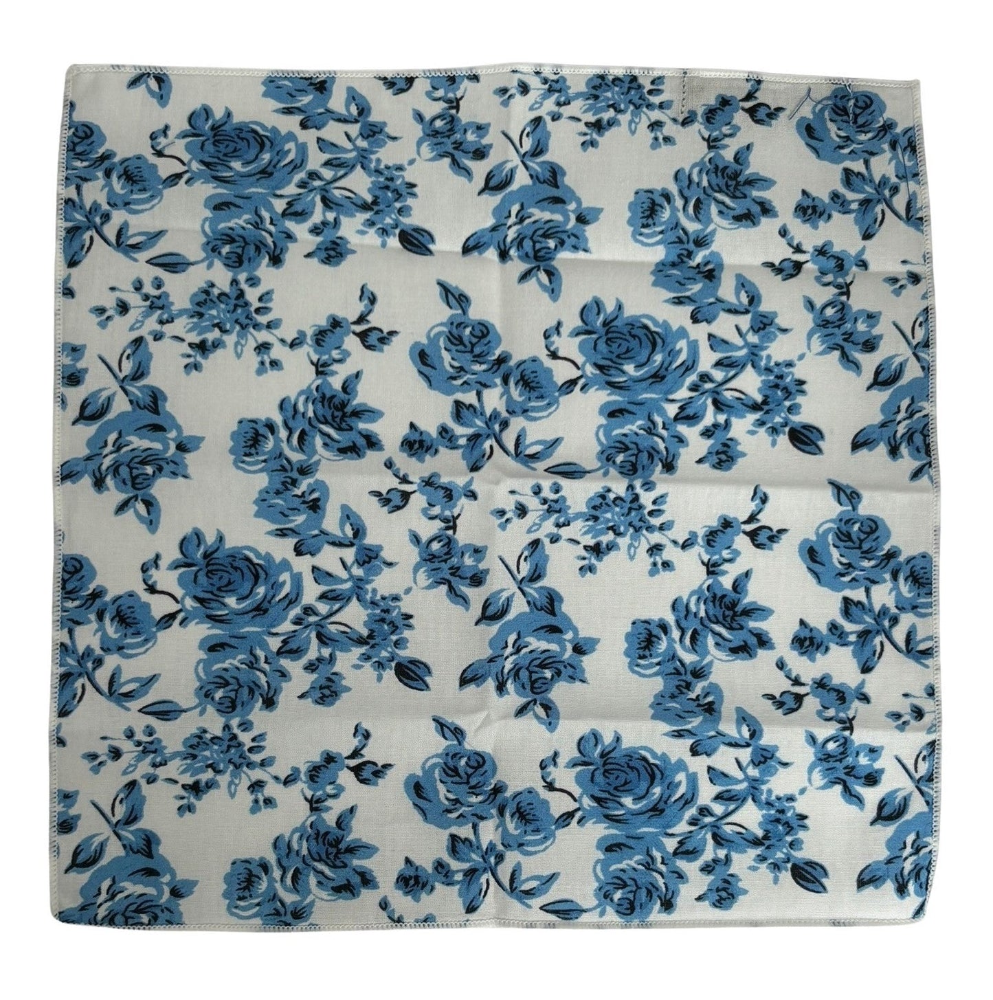 ivory cotton pocket square with blue rose design