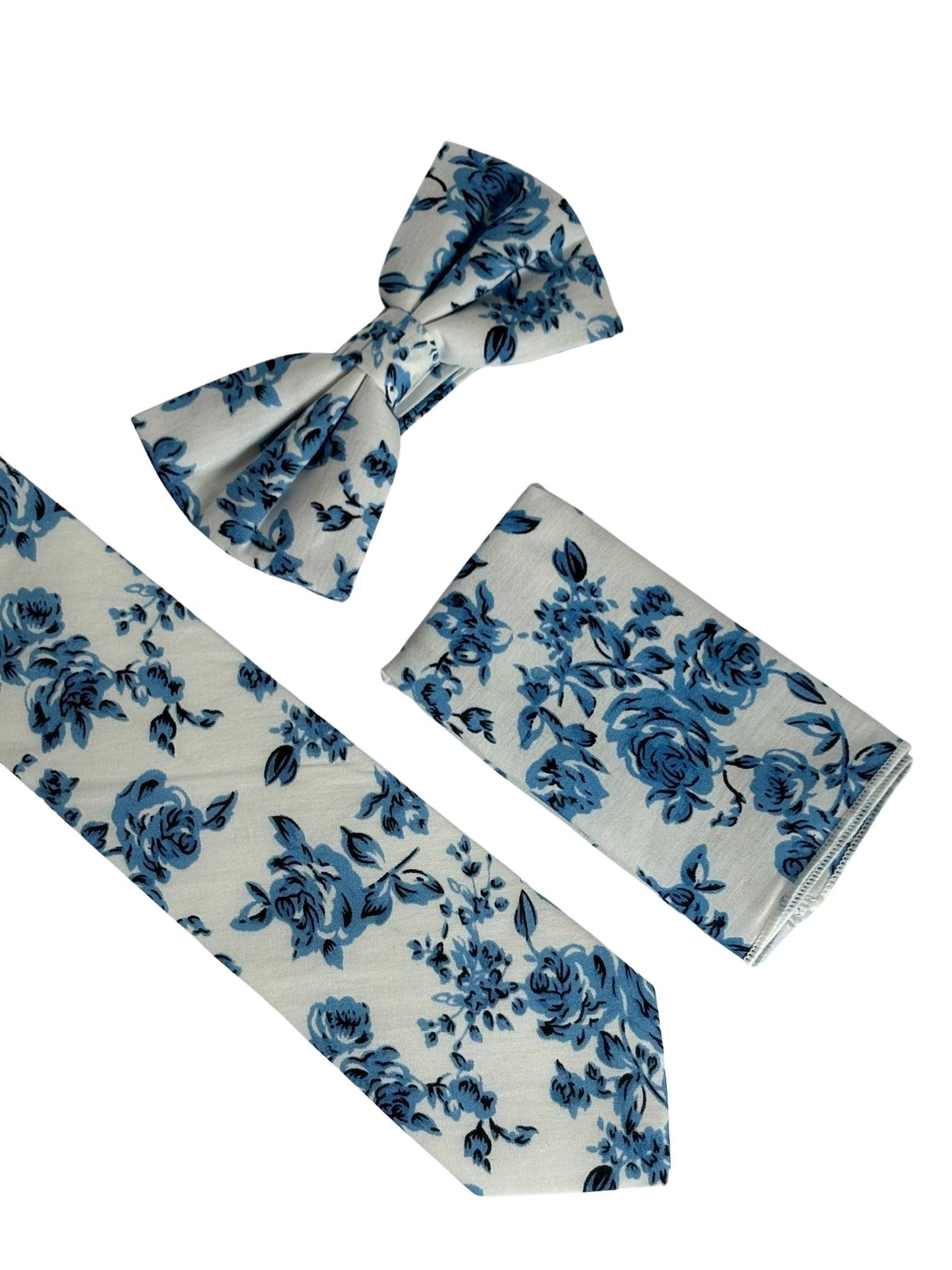 ivory cotton with  blue rose design bow tie