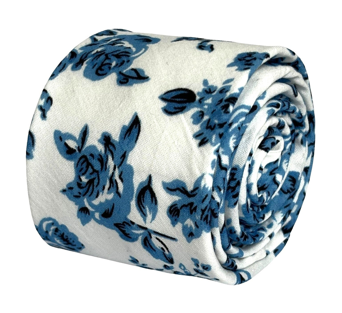 ivory cotton tie with blue rose design and matching pocket square