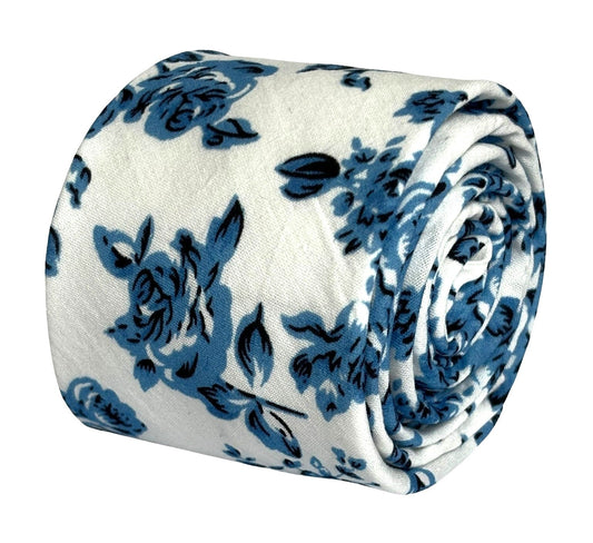 ivory cotton tie with blue rose design and matching pocket square