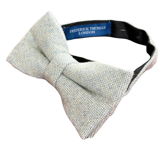 mint pistachio wool bow tie with blue flecks and matching pocket square