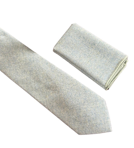 mint pistachio wool tie with blue flecks  and matching pocket square