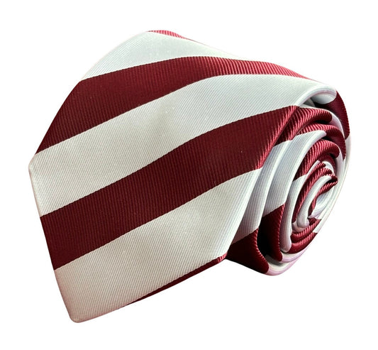 maroon and  white barber stripe tie