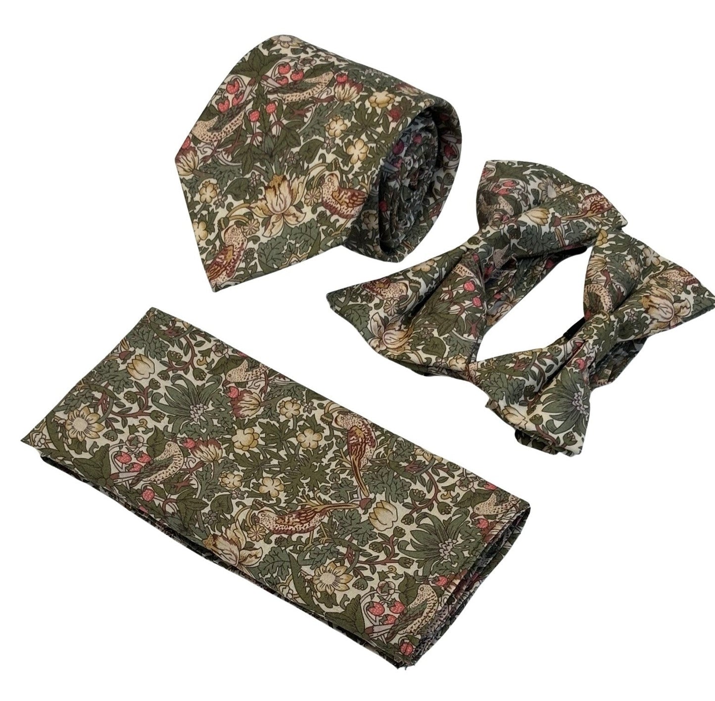 William Morris style green strawberry thief English garden wildflower design pocket square