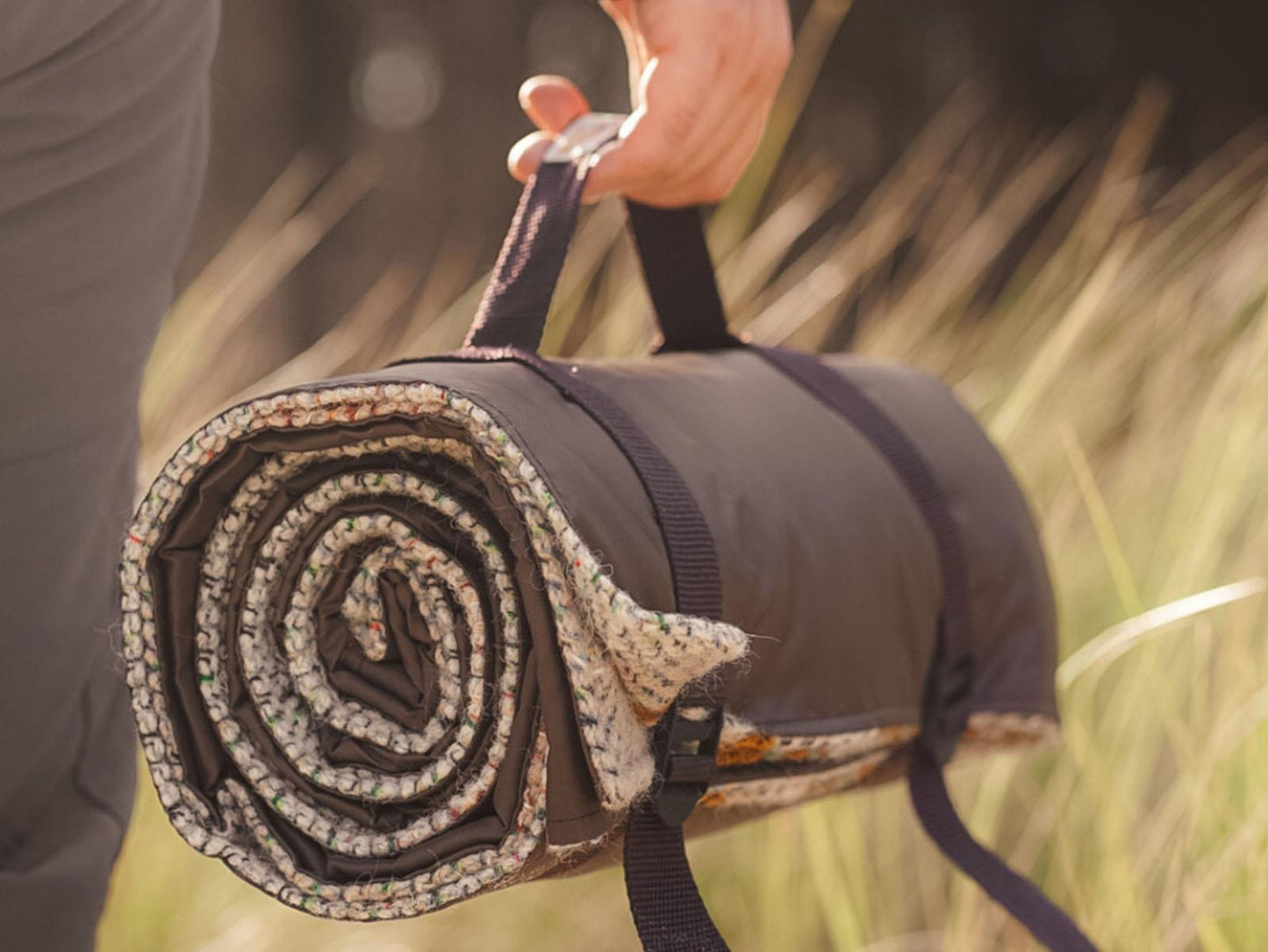 Waterproof Picnic Rug Roll - Random Check Recycled Wool