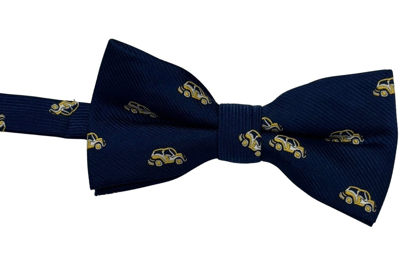 navy blue adult bow tie with yellow taxi car design