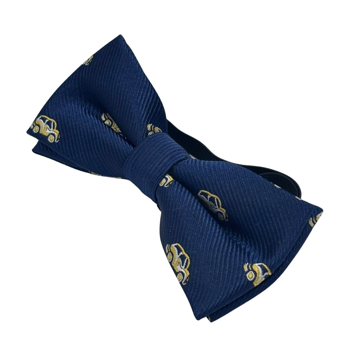 navy blue children's bow tie with yellow taxi car design