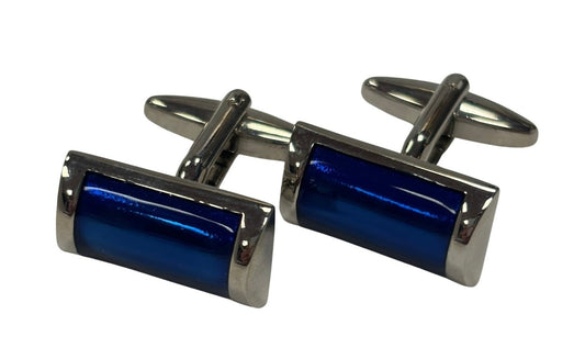 silver rectangular cufflinks with blue stone
