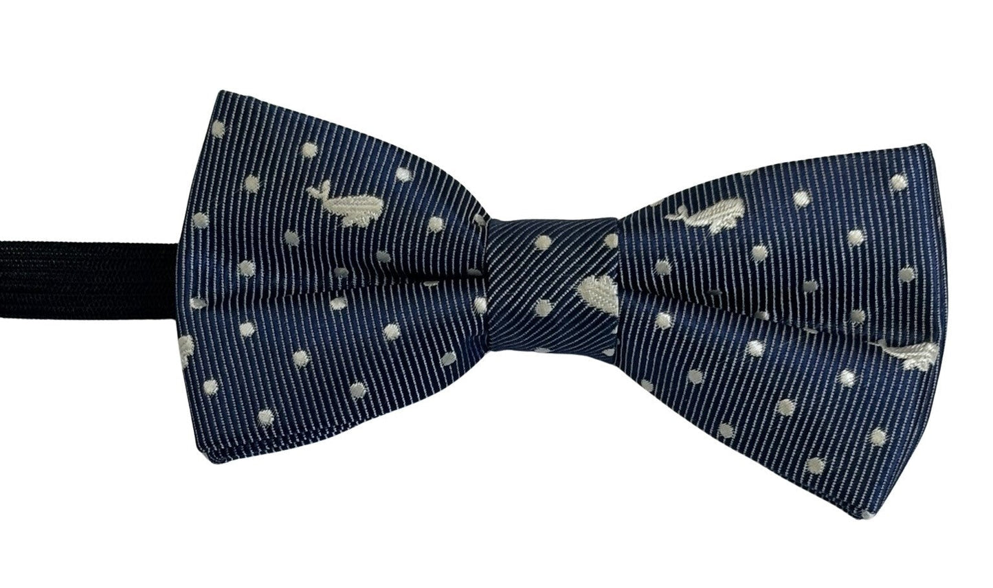dark blue navy child's bow tie with white whale design