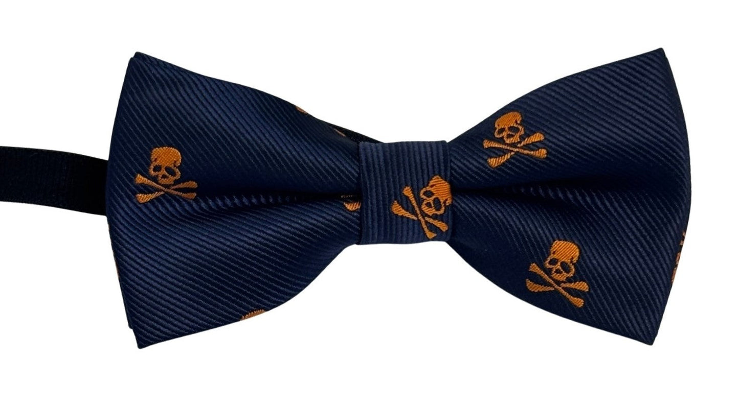 children's navy dark blue bow tie  with skull and crossbones design