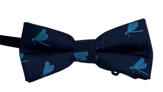 child's navy dark blue bow tie with blue dragonfly design