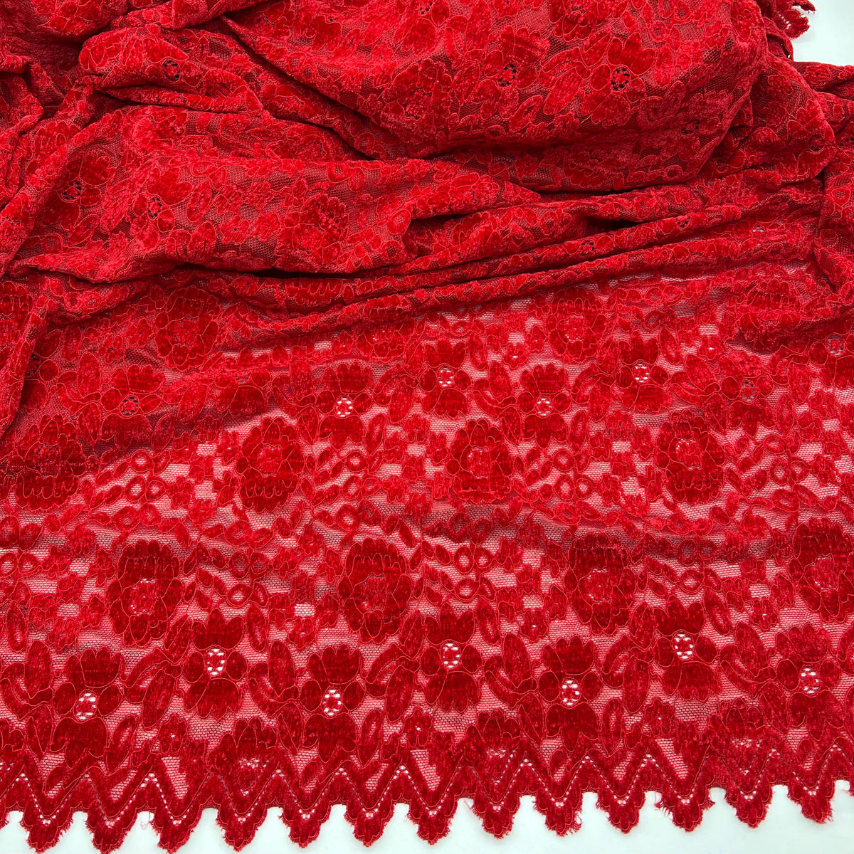 Red Embossed Textured Scalloped Edge Floral Lace Fabric Stretch