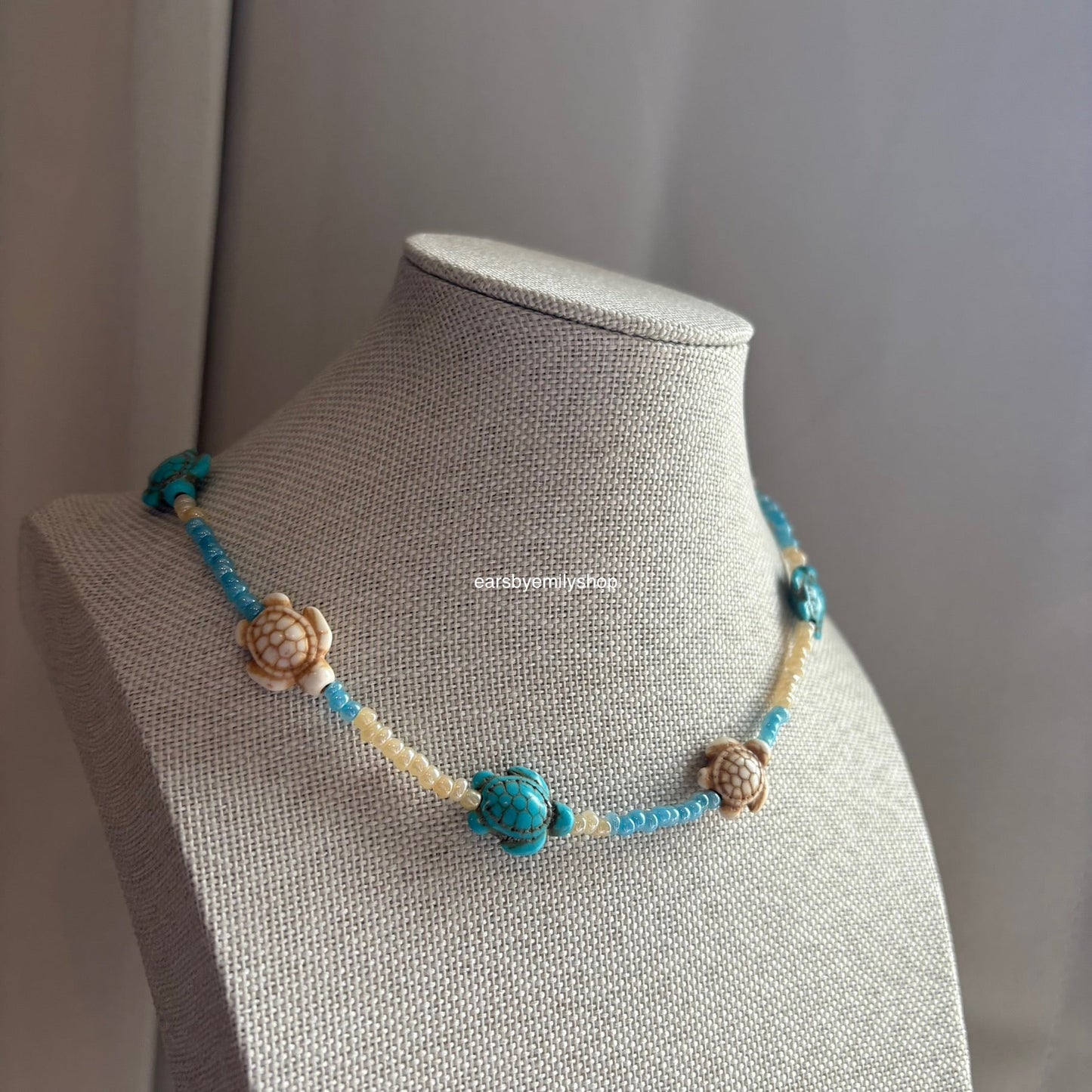 Cool quirky handmade blue and cream beaded beach ocean turtle necklace