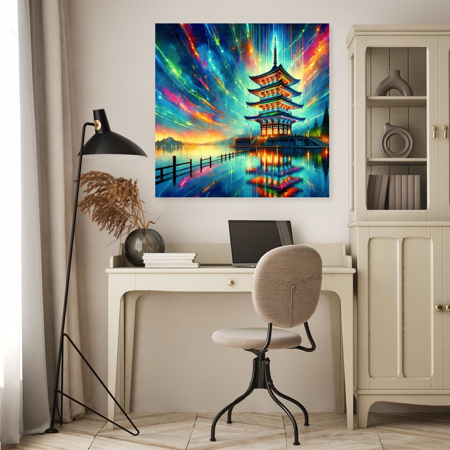 Neon Reflection Pagoda Canvas