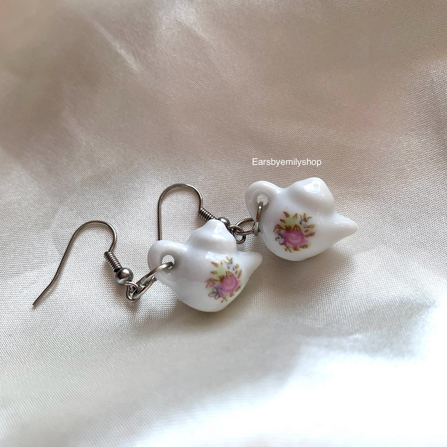 Cool white rose flower porcelain rustic tea pot gold or silver dangle earrings