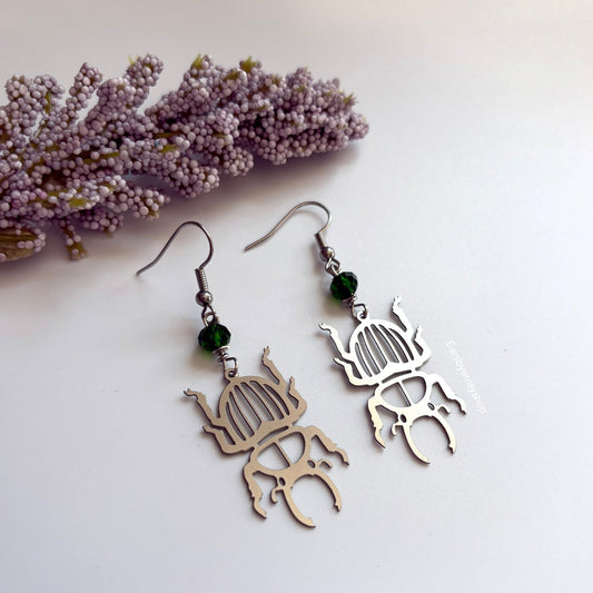 Cool quirky silver stainless steel beetle insect dangle earrings