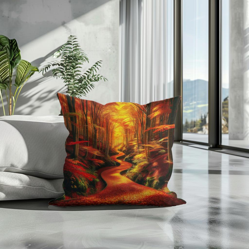 Autumn Forest Pathway Cotton Cushion