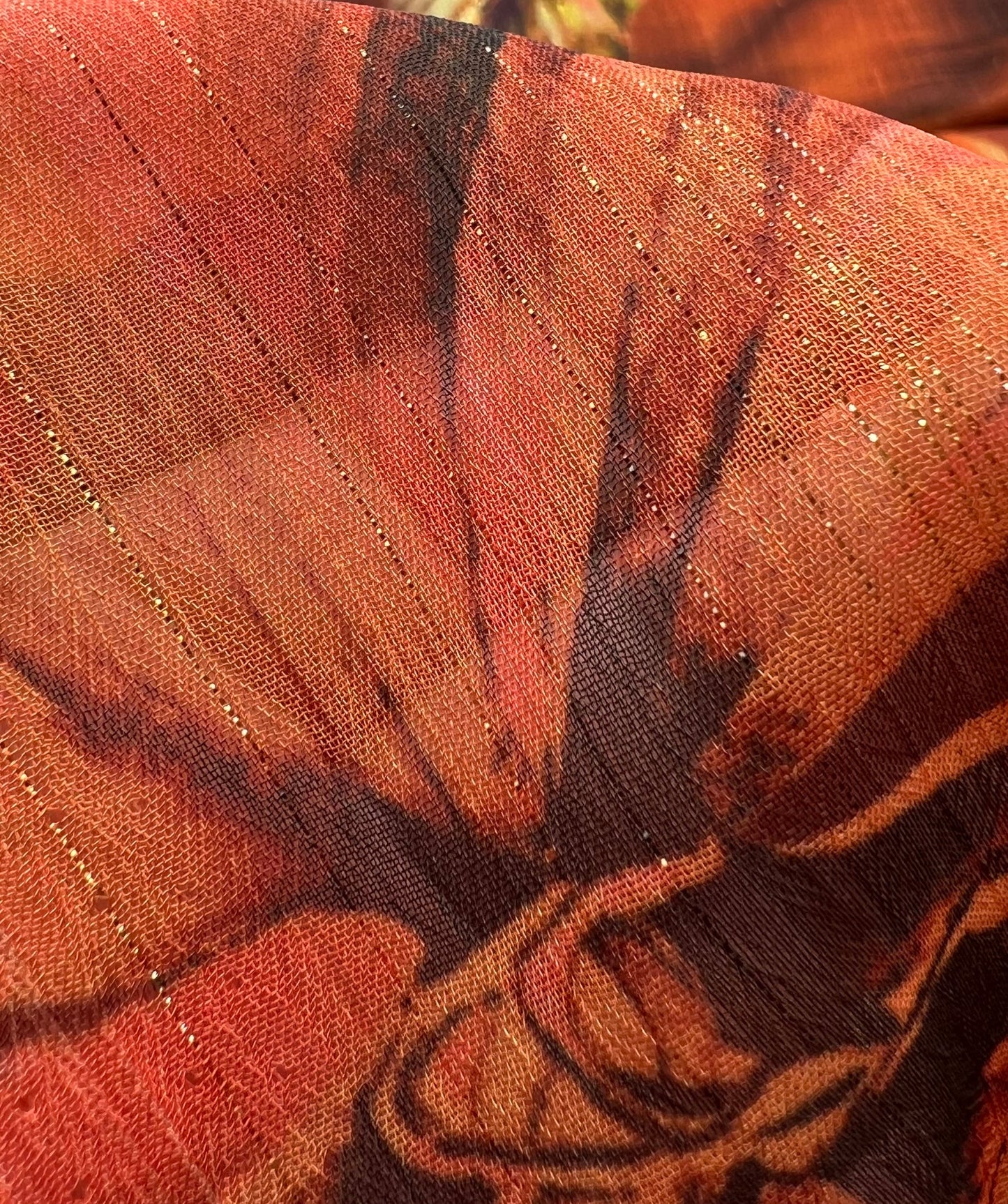 Brown Floral Gold Lurex Stripe Printed Chiffon Dress Fabric