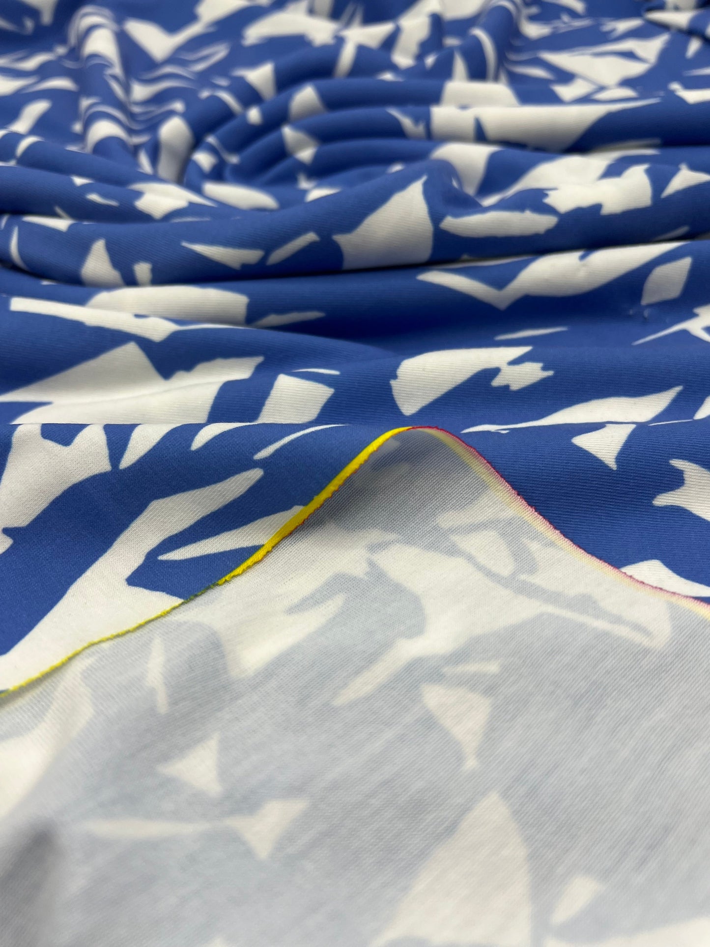 Blue White Mix Print Spun Poly Stretch Fabric