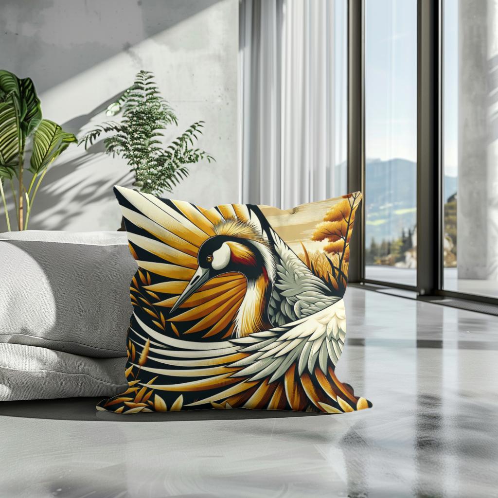 Golden Crane Elegance Cotton Cushion