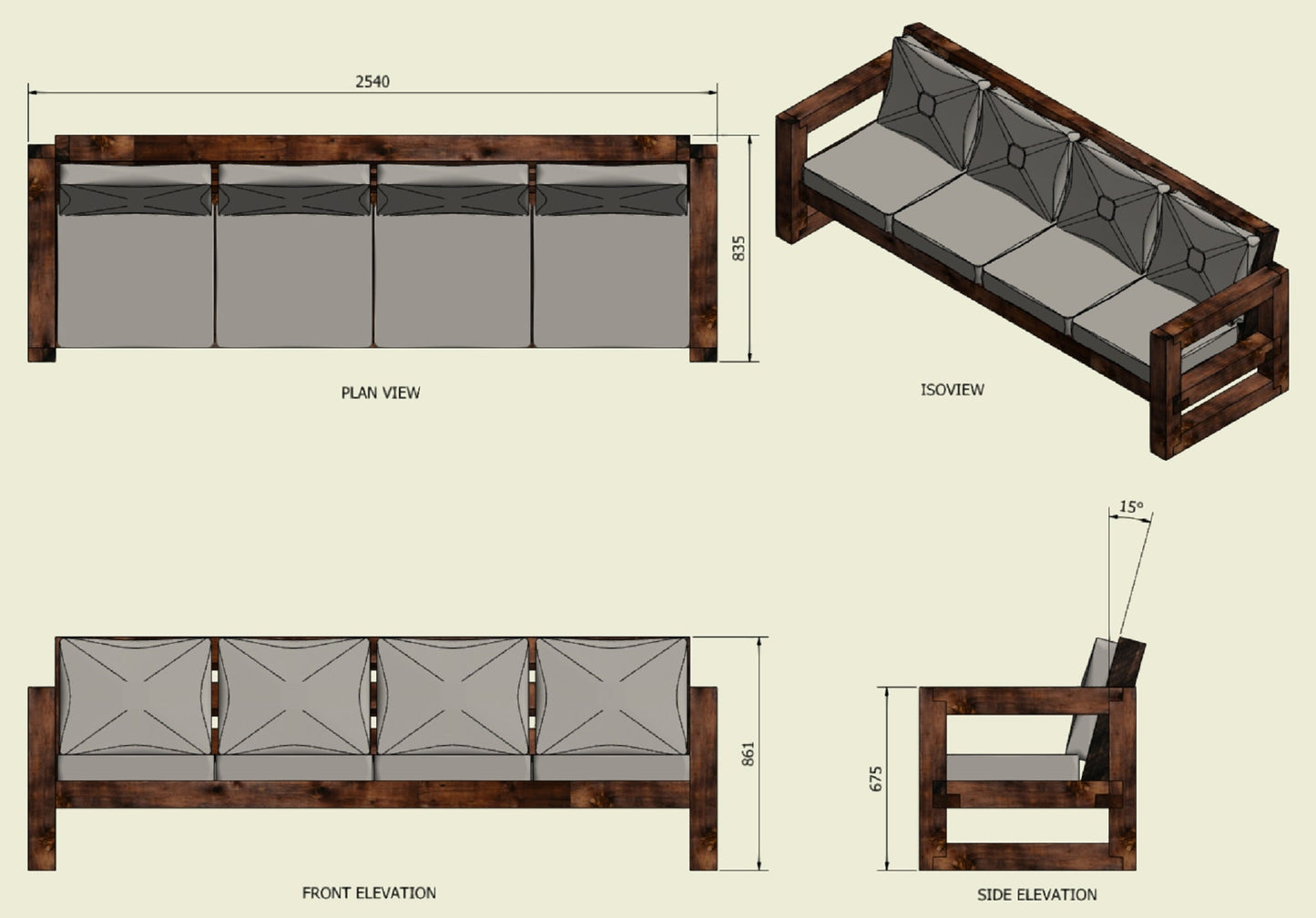 Solid Wood Garden Sofa 4 seat