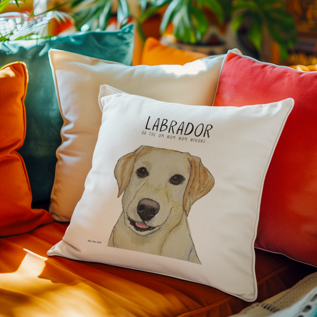 “Sofa? I Thought You Said ‘Snaccha!’” – Labrador Om Nom Nomnivore Cushion Cover