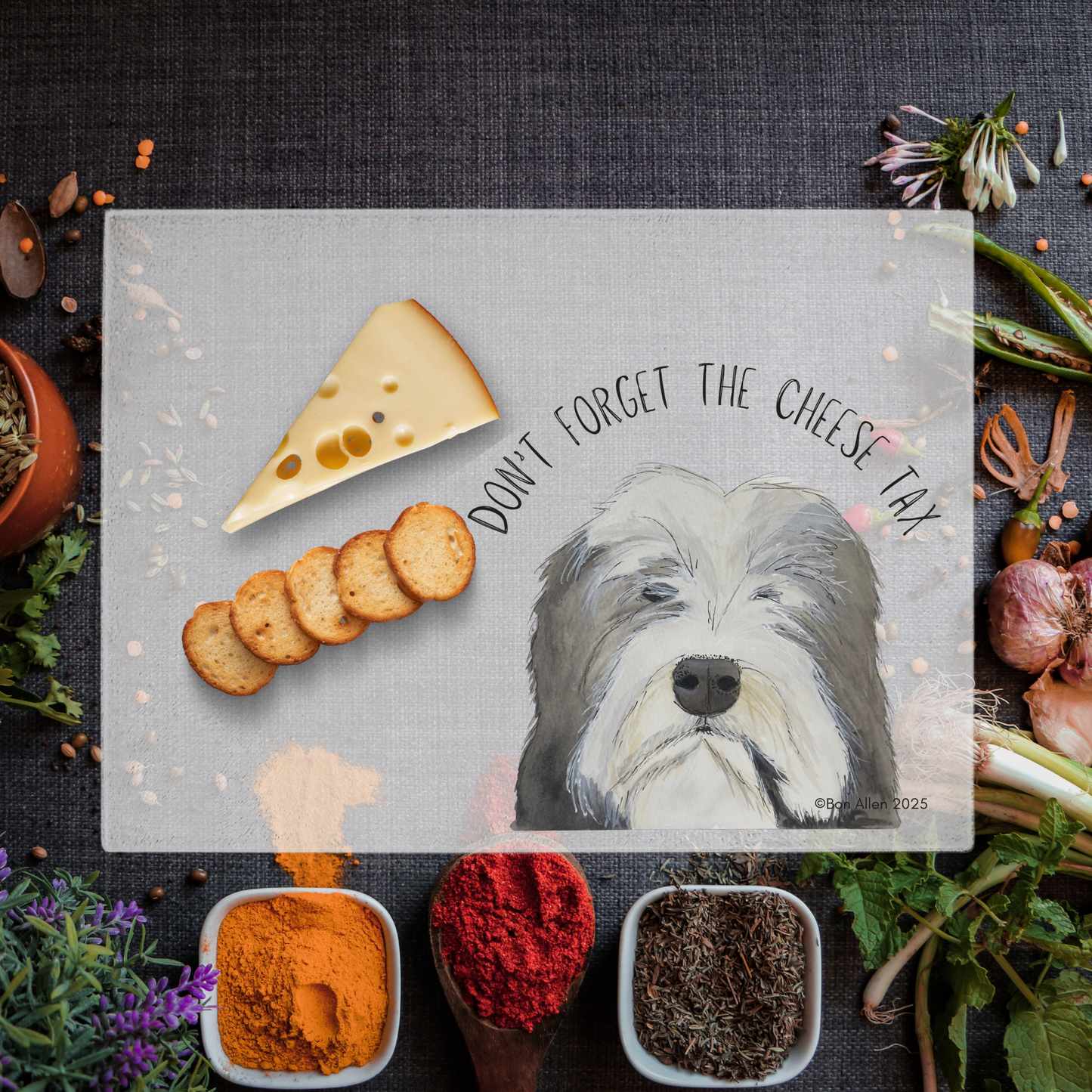 Cheese Tax Enforcer – Bearded Collie Chopping Board of Justice