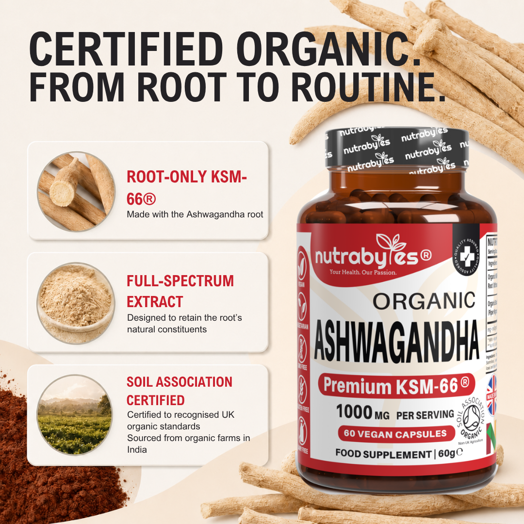 Organic Ashwagandha KSM66® 1000mg Per Serving with Organic Black Pepper, Certified Organic by Soil Association