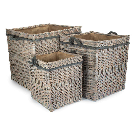Grey Wash Willow Square Storage Basket Set 3