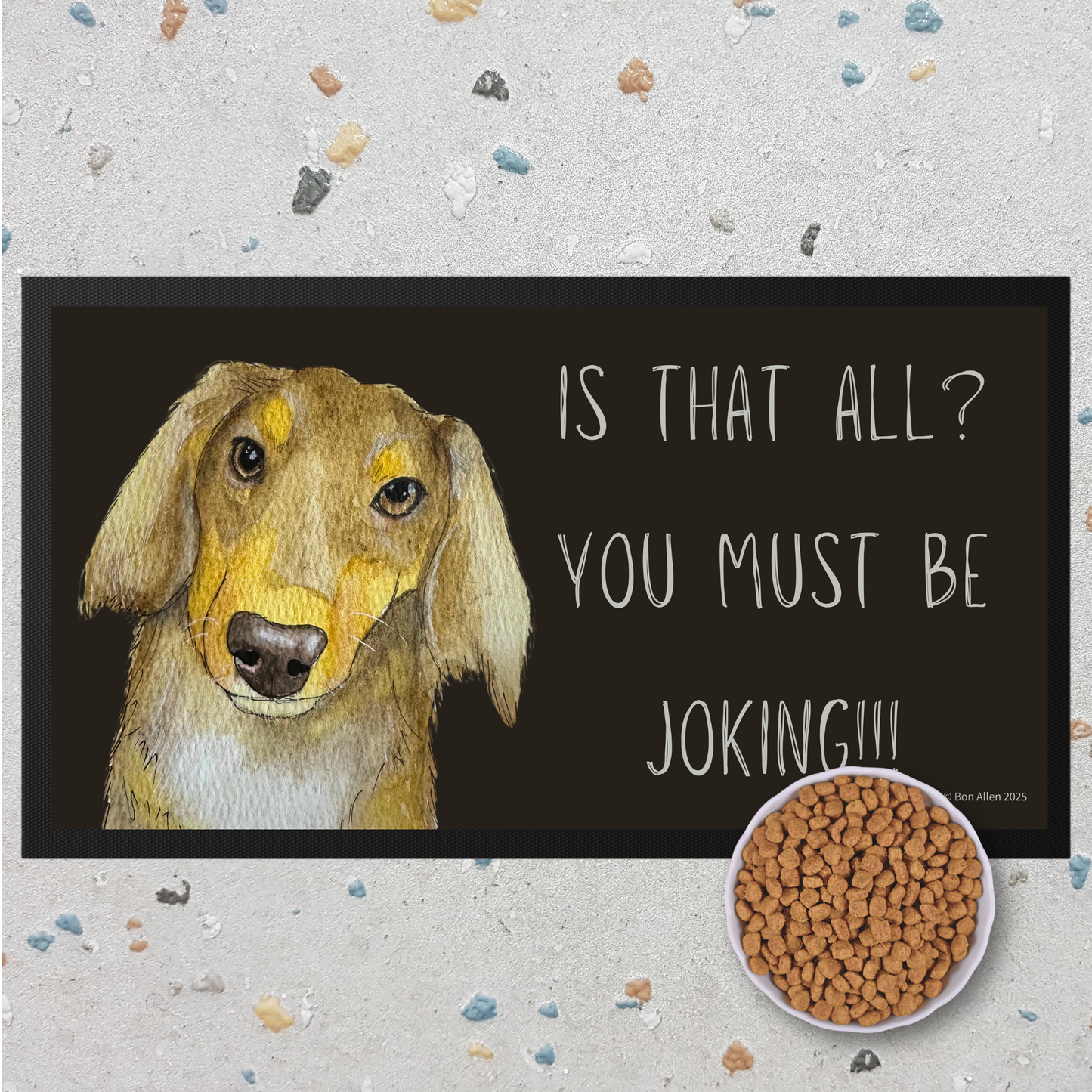 Long Haired Dachshund Dining Drama – Hilarious Pet Bowl Mat!