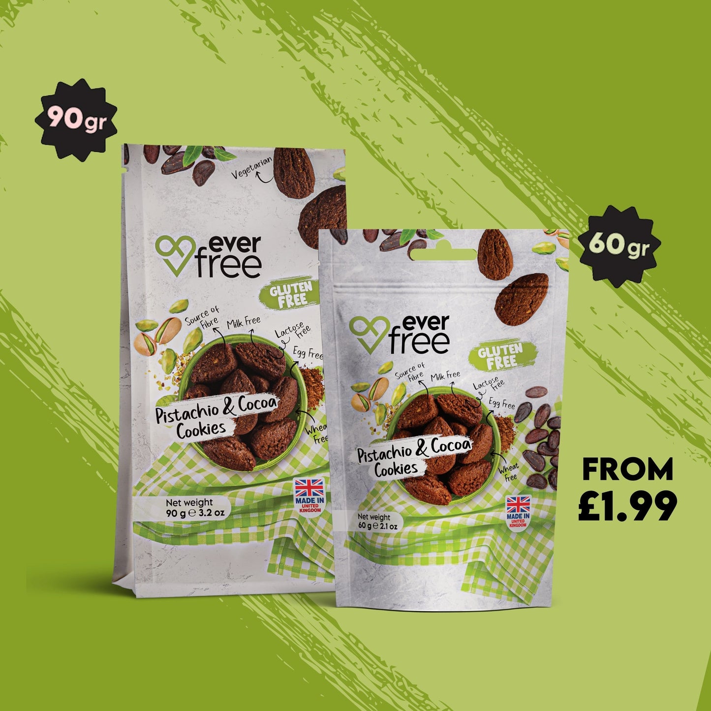 EverFree Pistachio and Cocoa Gluten-Free Cookies - 90g | Pack of 3