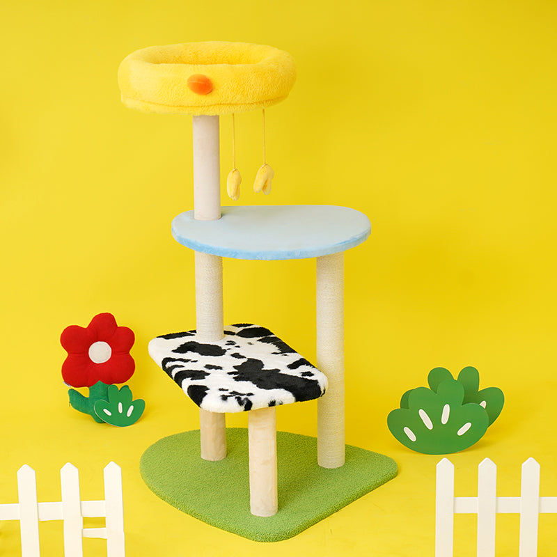 zeze Happy Farm Cat Tree — 105cm Climbing Frame with Chick Nest & Cow-Print Perch