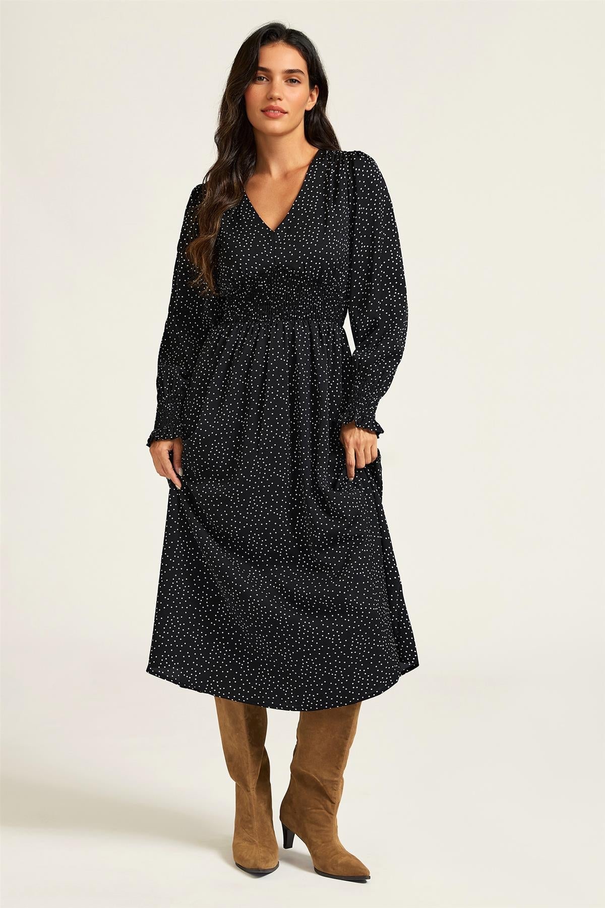 Polka Dot Print Long Sleeve Midi Dress In Black