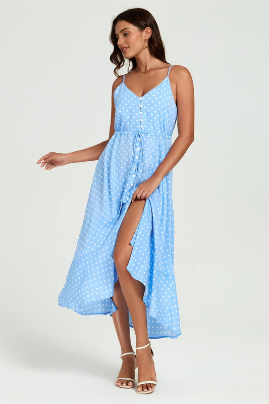 Dot Print Button Down High Low Strappy Dress In Light Blue