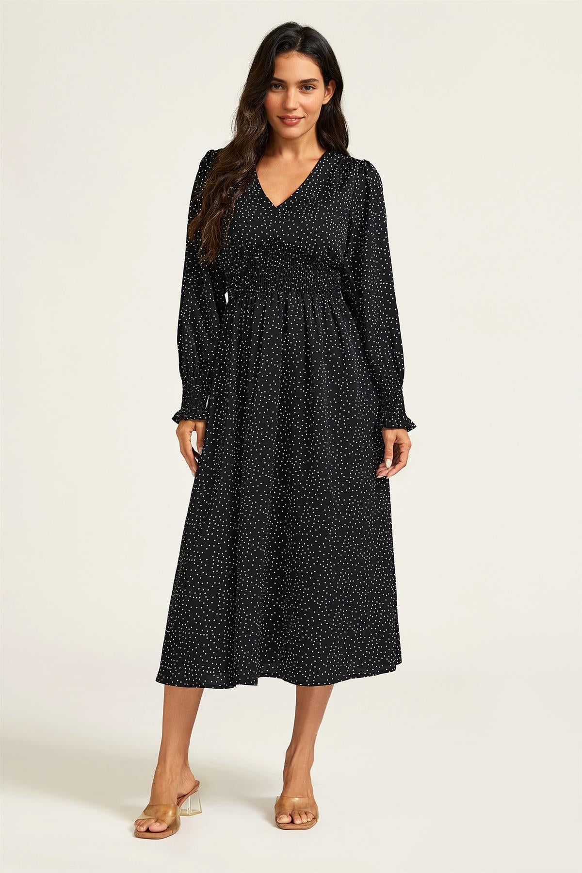 Polka Dot Print Long Sleeve Midi Dress In Black