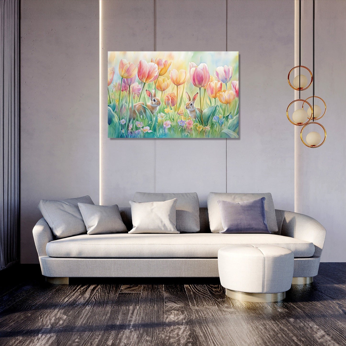 Tulip Meadow and Rabbits Canvas