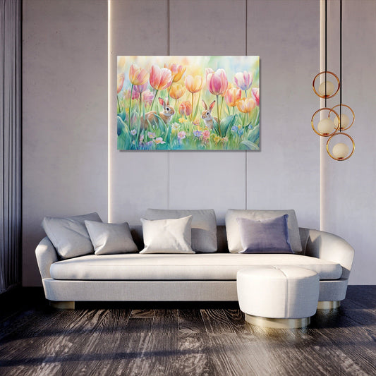 Tulip Meadow and Rabbits Canvas
