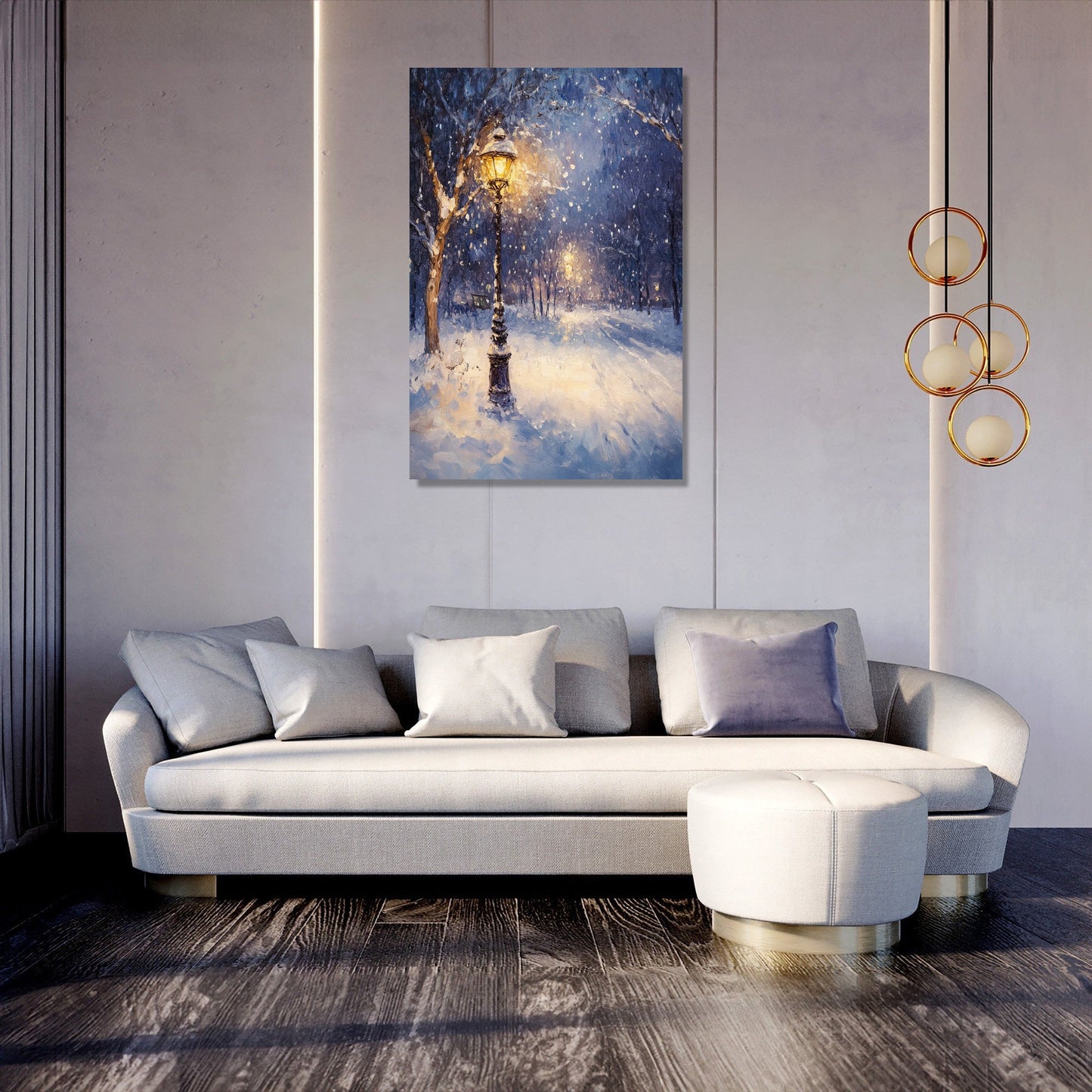 Snowfall Under Lamplight Canvas