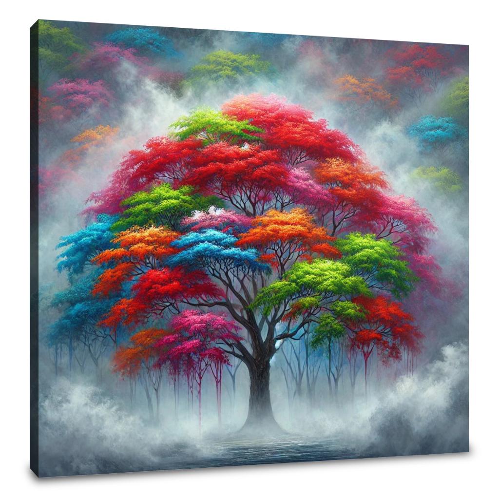 Vibrant Tree in Fog Canvas