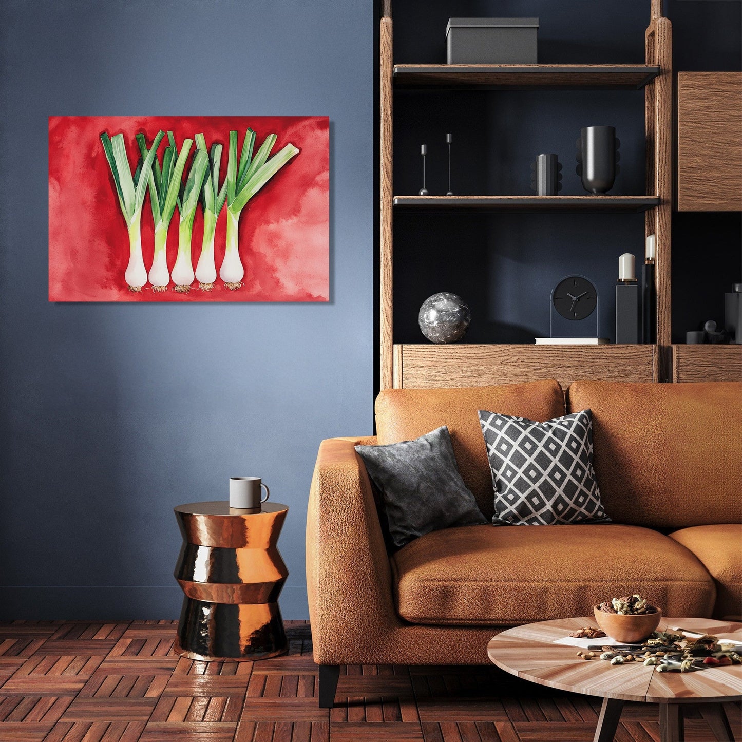 Elegant Leeks on Red Canvas