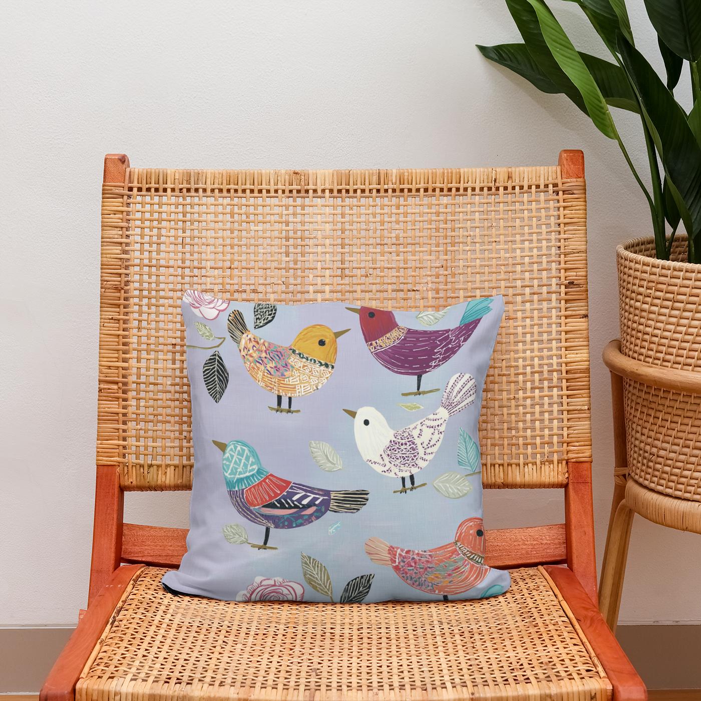 Lavender Folk Birds Cotton Cushion