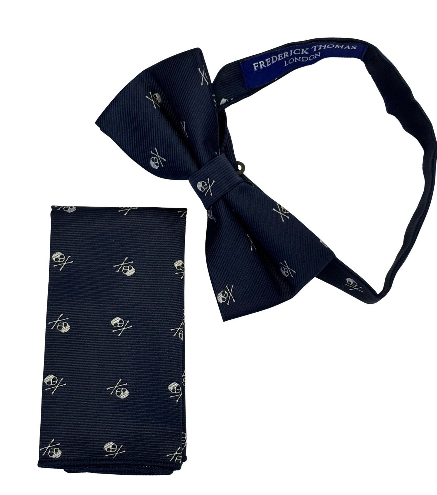 matching navy bow tie and pocket square with white skull and crossbone design