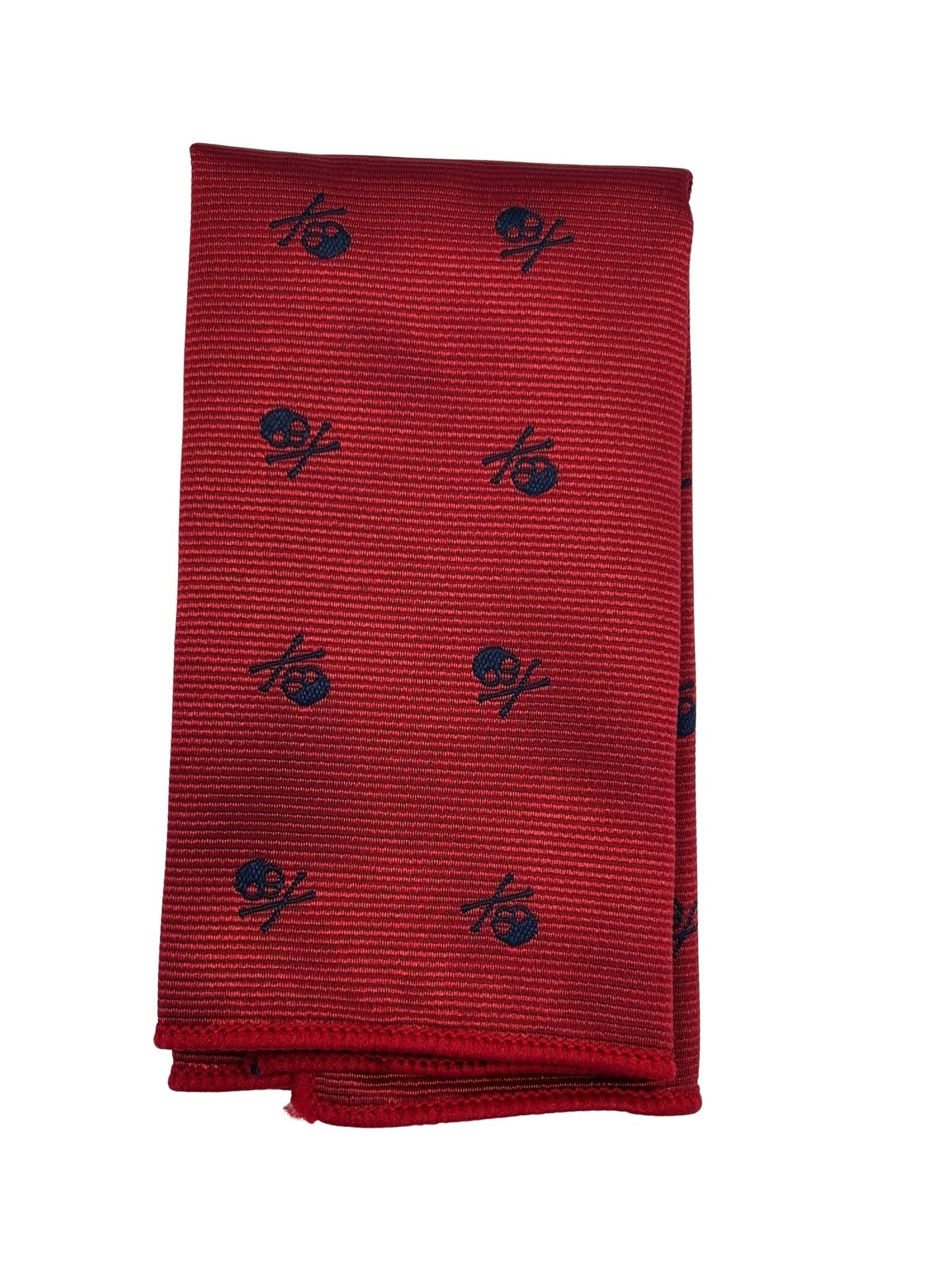 matching dark red bow tie and pocket square with navy blue skull and crossbone design