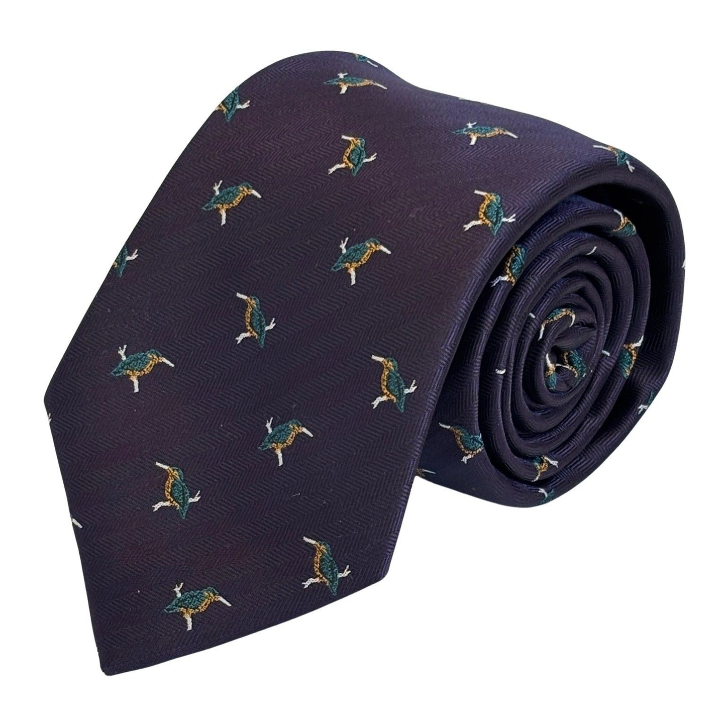 dark indigo purple tie with kingfisher design