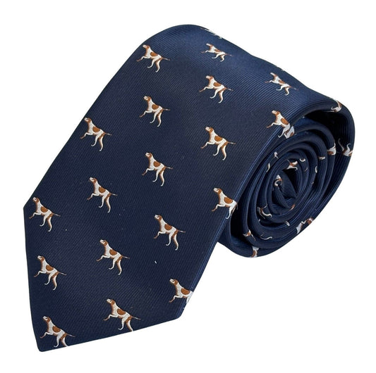 navy dark blue tie with pointer, hunting, hound,  gun dog design