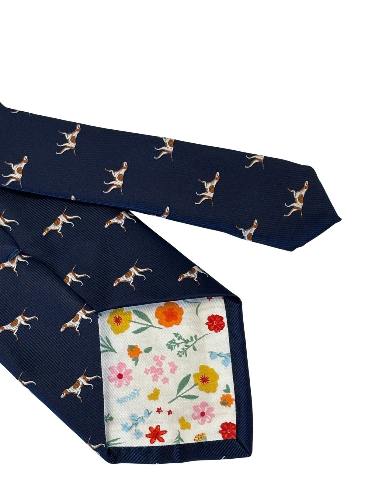 navy dark blue tie with pointer, hunting, hound,  gun dog design