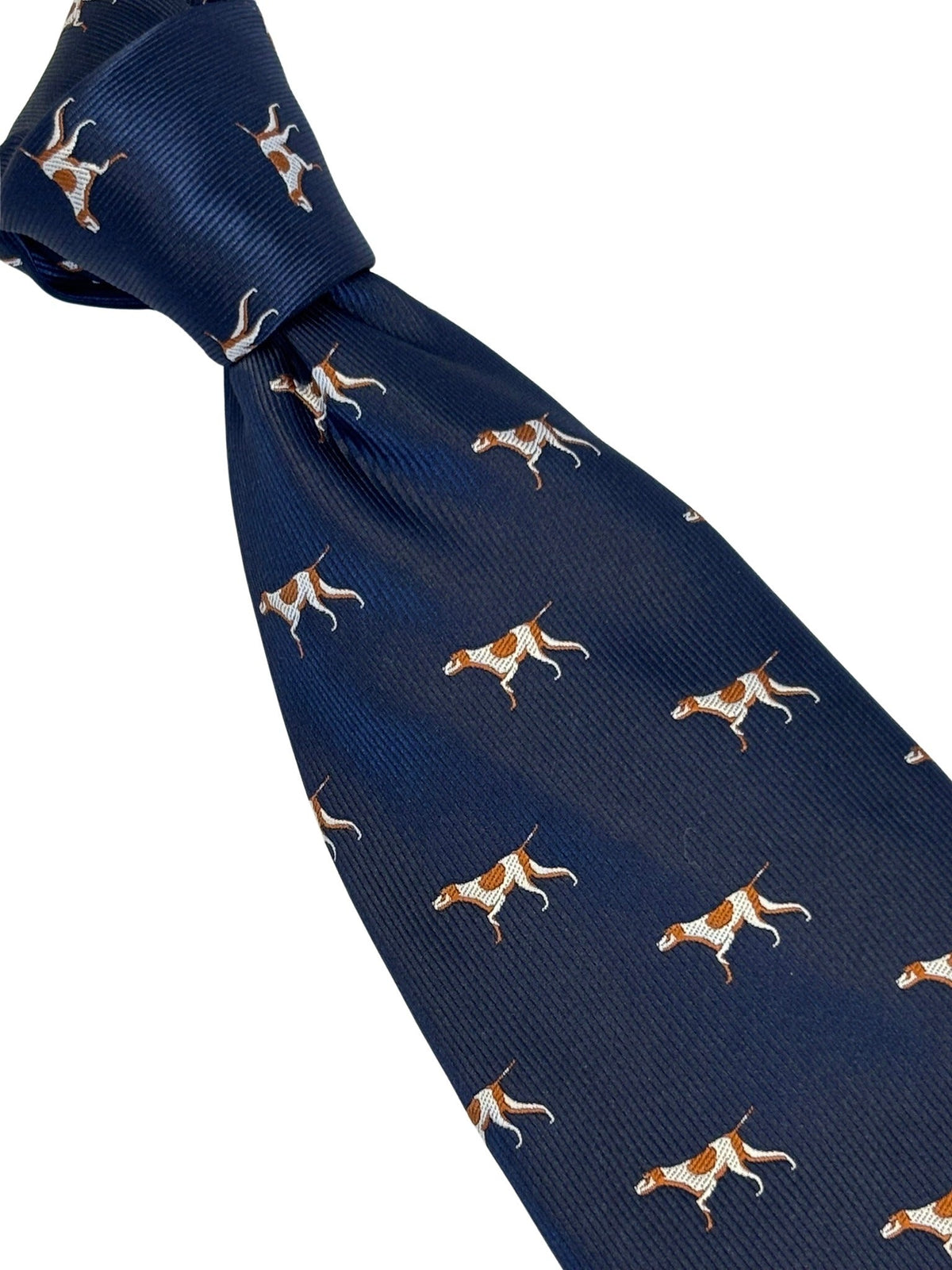 navy dark blue tie with pointer, hunting, hound,  gun dog design