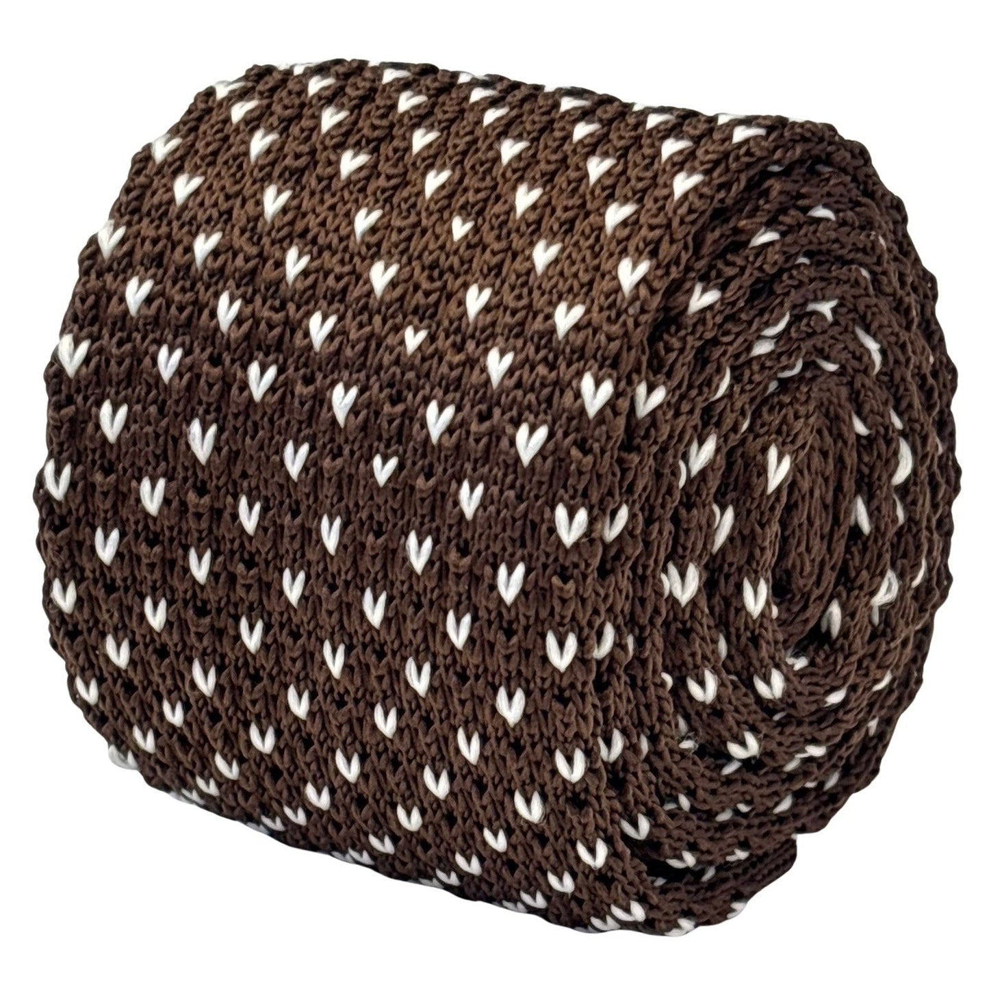 knitted tie in  chocolate brown with white pin spots