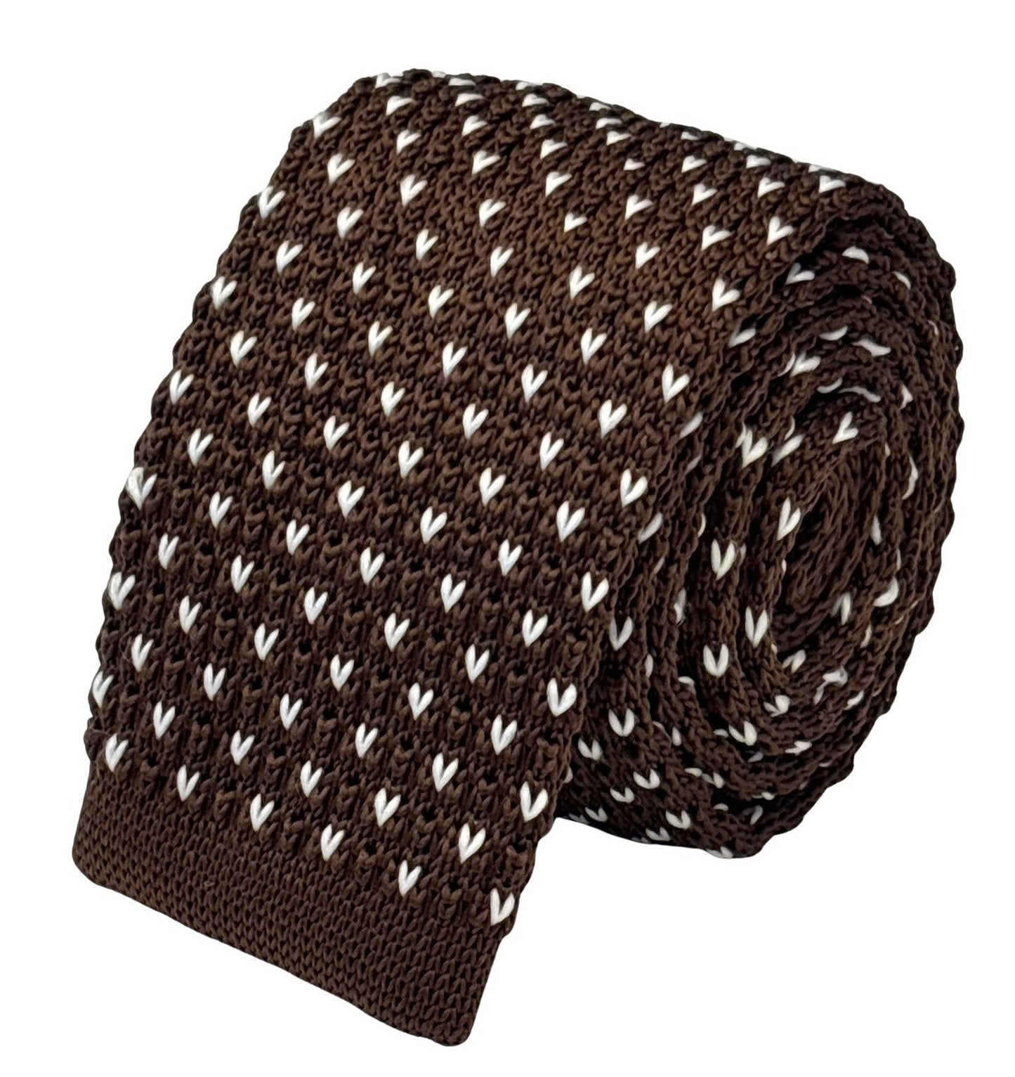 knitted tie in  chocolate brown with white pin spots